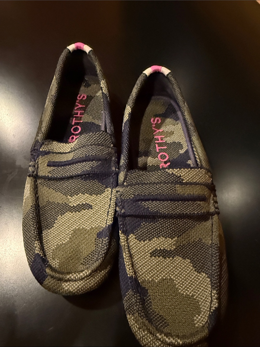 Rothy's Camo Knit Penny Loafers in Olive, Black with Pink Accents